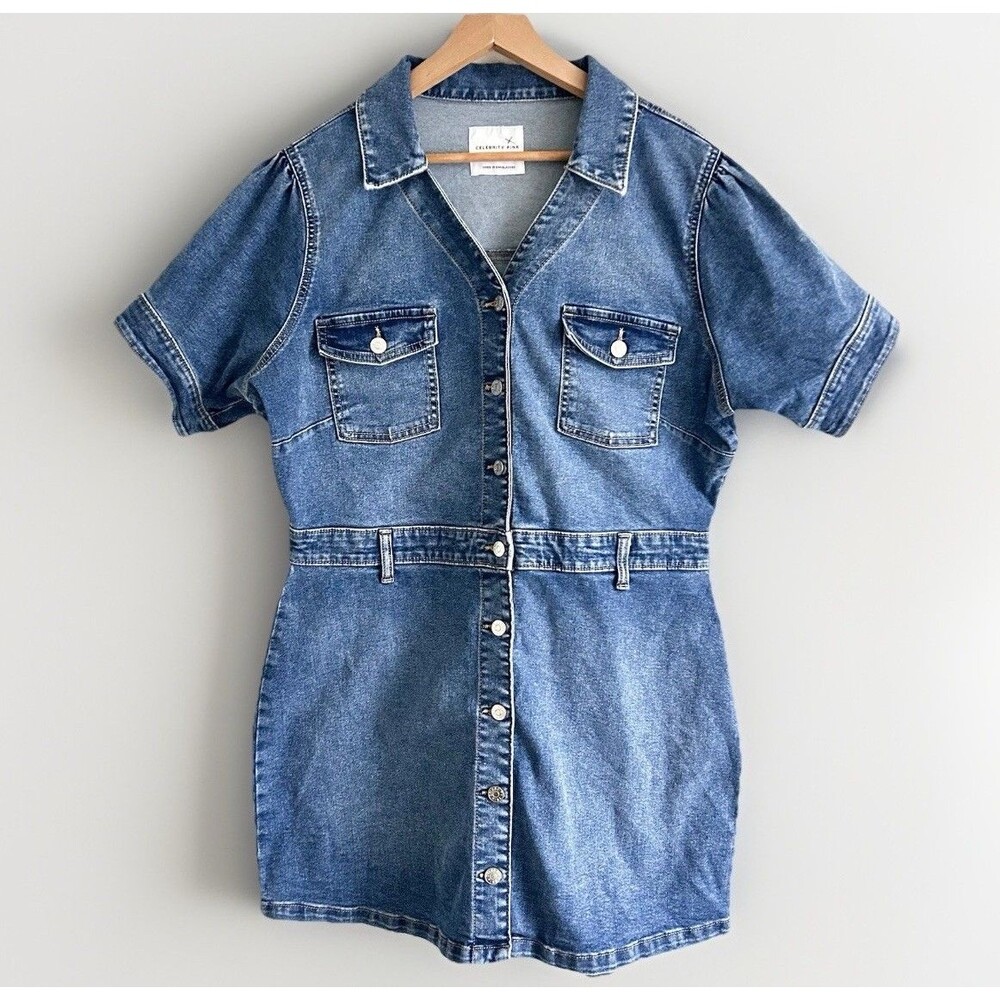 Celebrity Pink Denim Dress Juniors Size XXL Stretch Button Up Medium Wash